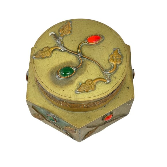 Vintage Chinese Brass Trinket Box With Enamel Inlays Decorative Lid Snuff - Picture 3 of 13